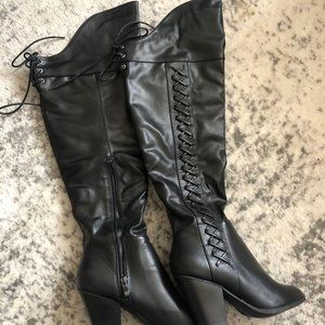 Brinley Co. Lace-up Over the Knee Black Boots